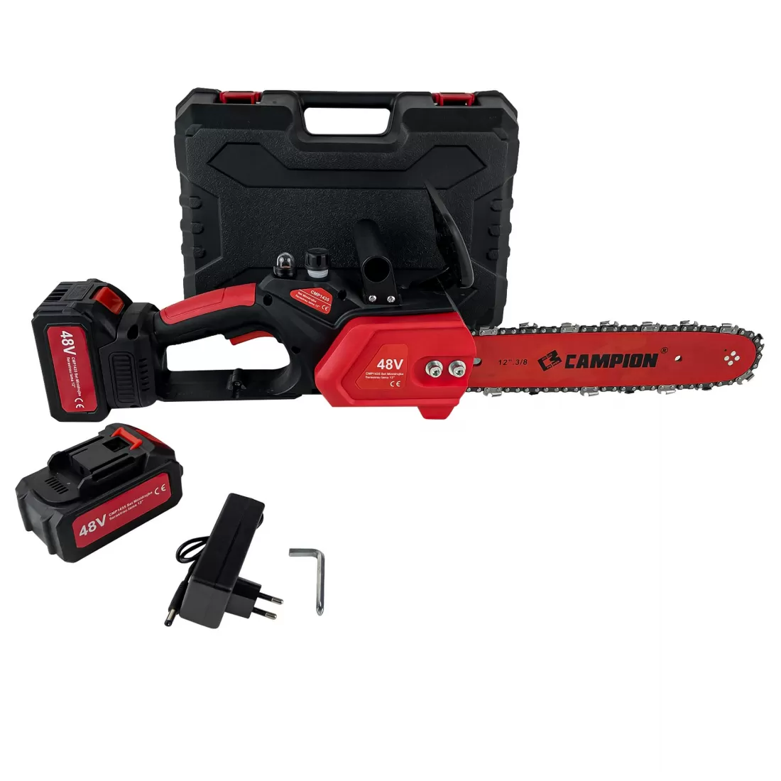 Drujba de mana cu acumulatori Campion, 48V, 2 acumulatori, Ungere auromata, Incarcator, Lama 30CM, Geanta transport Drujba de mana cu acumulatori Campion, 48V, 2 acumulatori, Ungere auromata, Incarcator, Lama 30CM, Geanta transport